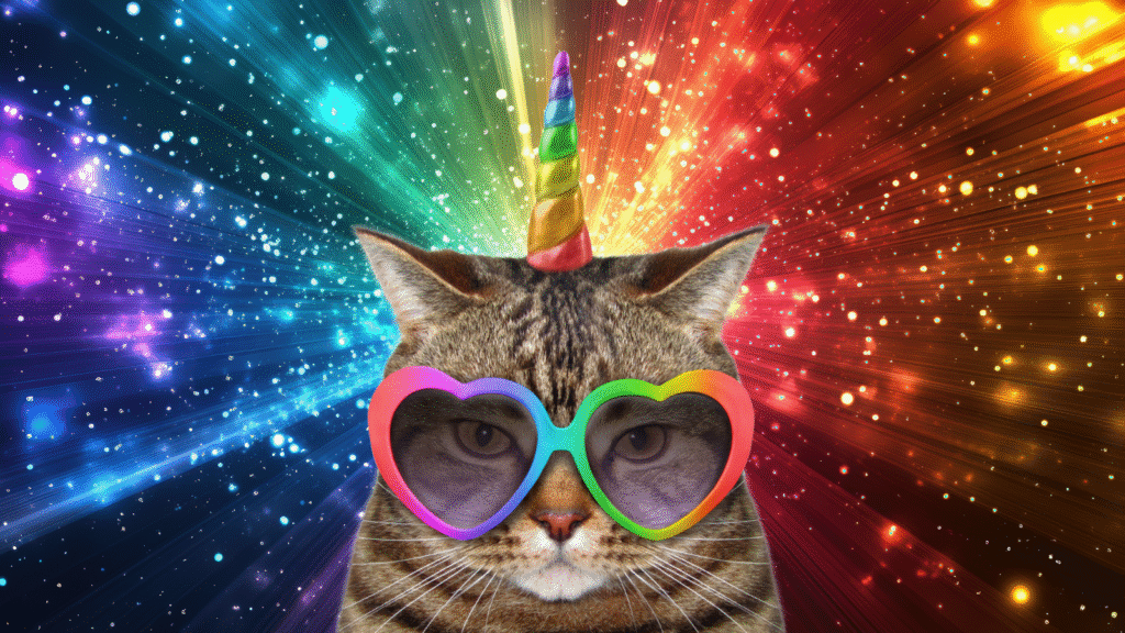 Space kitty unicorn with glasses on a rainbow glitter explosion