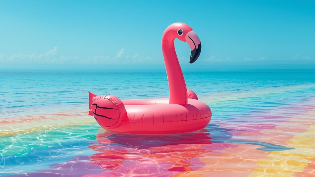 An inflatable pink flamingo sailing on a rainbow sea