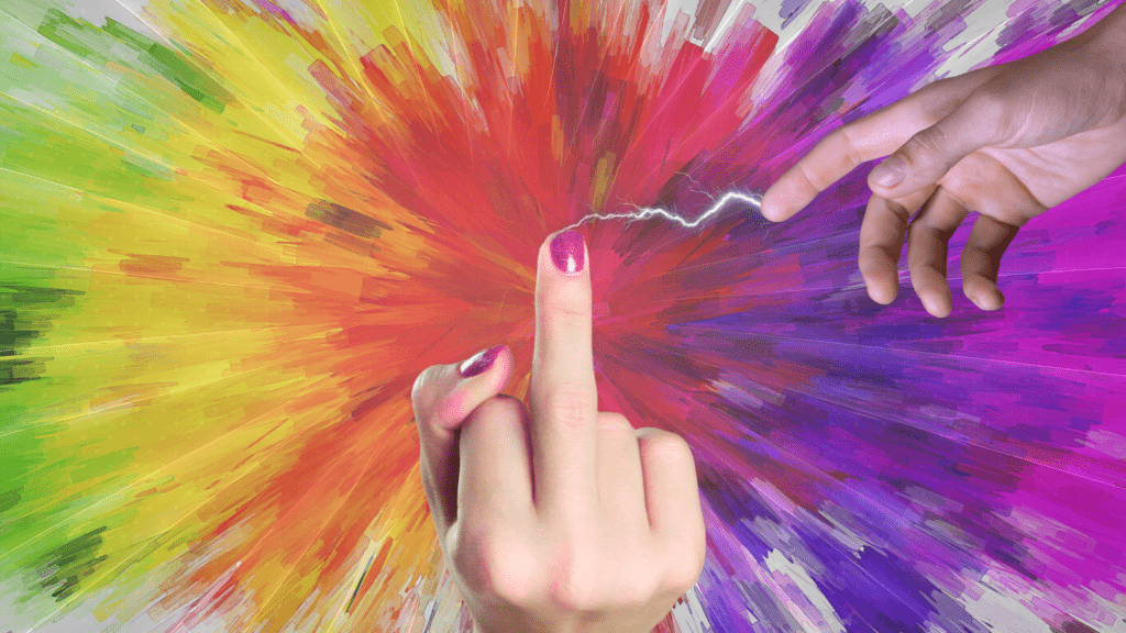 A spoof of The Creation of Adam with the hand of God being given the middle finger