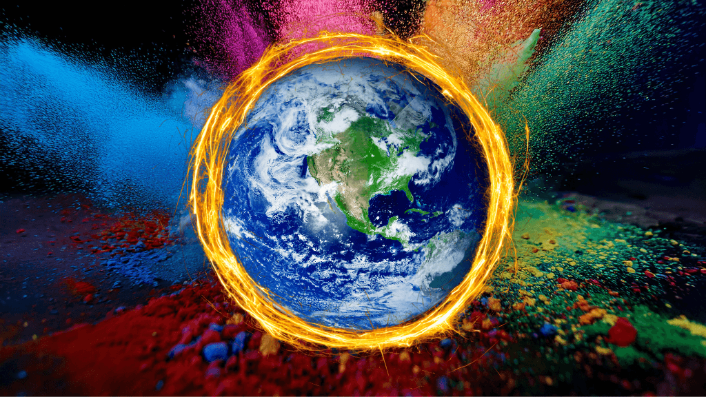 The globe encircled with a golden ring of fire on an exploding palette of colourful die powder exploding behind it