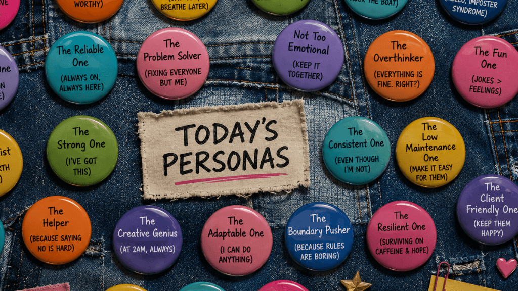 AI image of button badges, with different slogans, pinned to denim.
