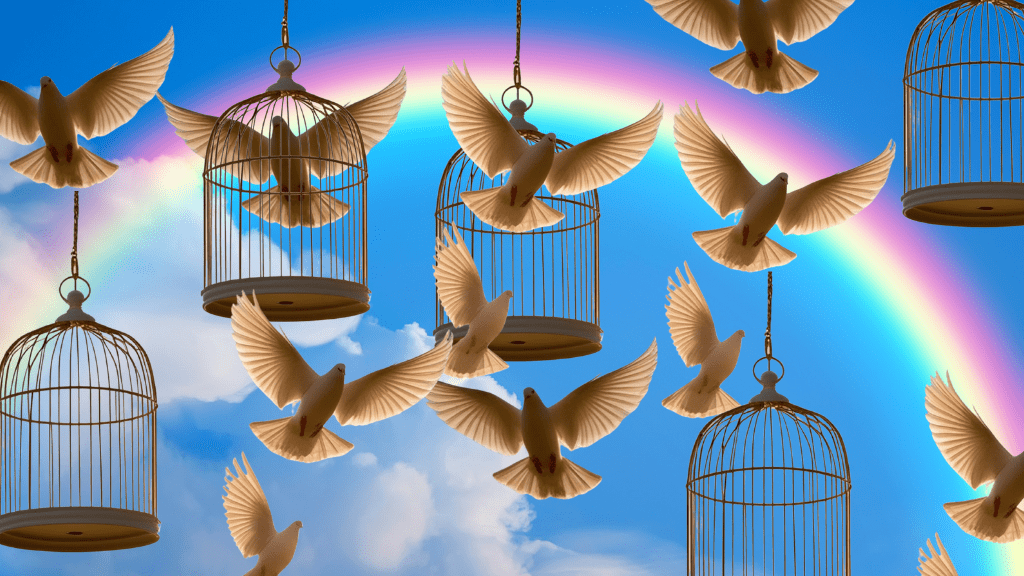 CGI Birds, flying free of gilded cages over a sky filled with rainbow