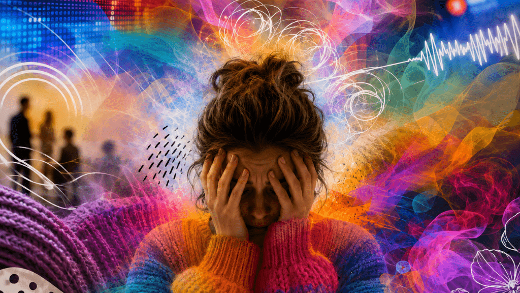 Female with head in hands, with a swirling overwhelming colourful mist around her