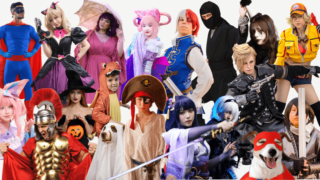 A variety of people, all ages and ethnicities in cosplay, costumes and bright, fun, fancy dress, dress up